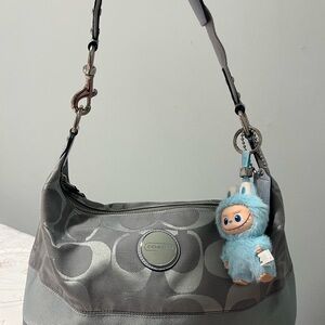 Coach Gray Signature Jacquard Shoulder Bag with Blue Plush Charm